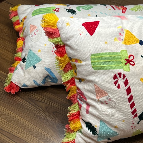 Christmas Pillows (2) Cute Oblong With Fringe Gnomes, Trees Sweaters Candy Canes - Picture 2 of 11